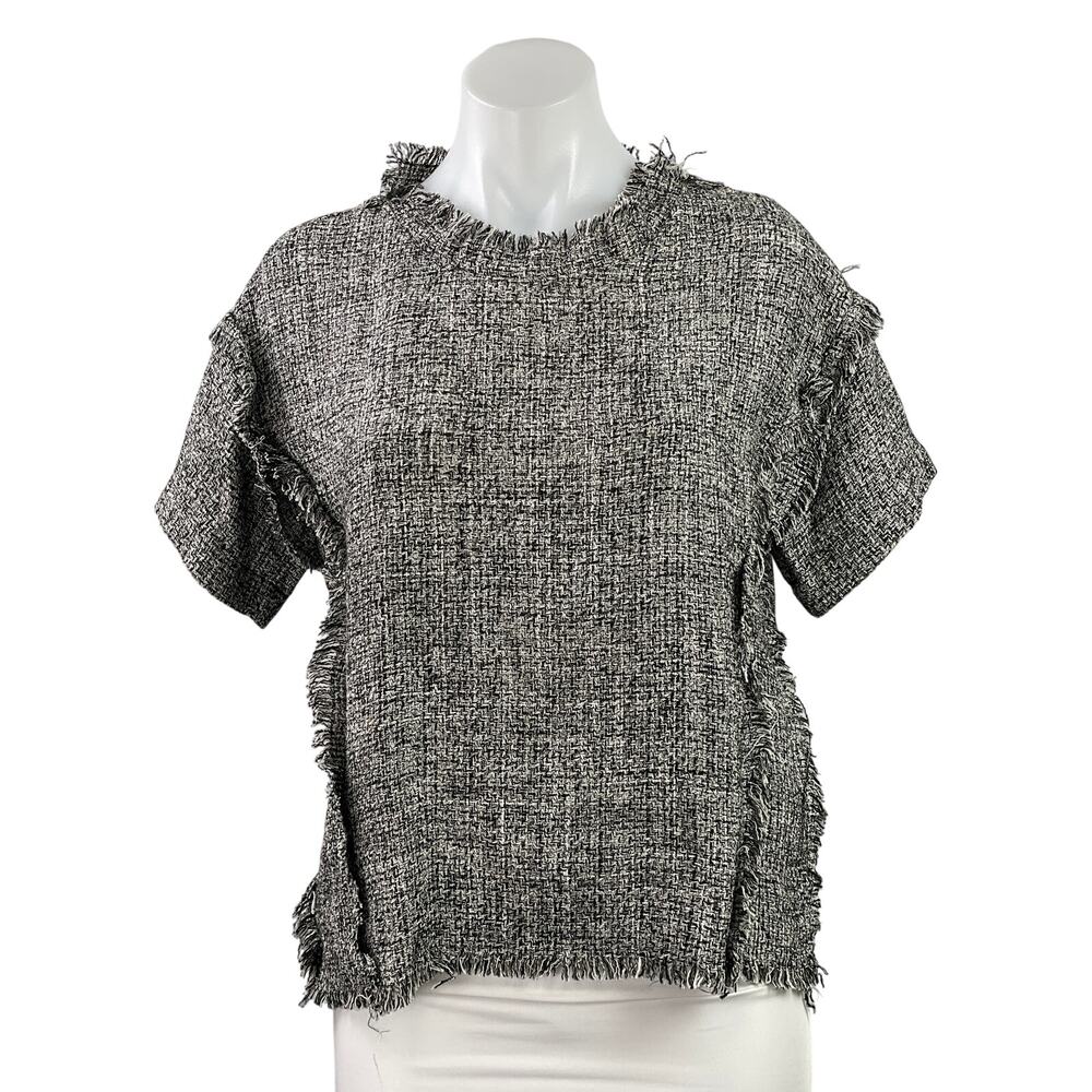 By Lolli J Women's Gray Tweed Fringe Short Sleeve Patchwork Blouse Top Size M